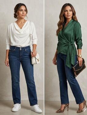 Tahari Dark Blue Denim Jeans with Tan Leather Patch Petite-Daphne